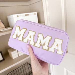 Medium Nylon Pouch with Zipper | Personalized Cosmetic Pouch | Chenille Patch Letters |  Mama Mom Bag