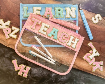 TEACH Clear Pouch with Zipper | Personalized Pencil Cosmetic Pouch | Chenille Patch Letters | School Learn Teacher Bag