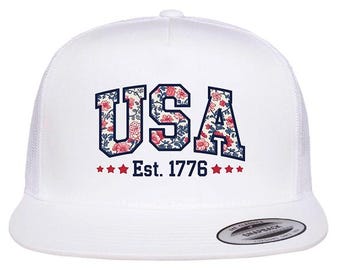 Retro USA Hat, Vintage Patriotic Flowery USA Hat, 4th Of July Hat, Land Of The Free Hat, Independence Day Hat, USA Cap, Memorial Day Hat