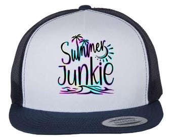 Summer Junkie Hat, Neon Beach  Hat, Retro Summer Top, Tropical Vibes Cap, Cute Festival  Hat, Colorful Vacation Graphic Hat, Party Cap