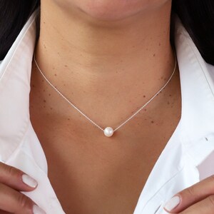 Large pearl floating necklace, Sterling silver necklace, pearl necklace, Bridesmaids jewelry, Birthday gift ideas,Gift for her, Gift for mom