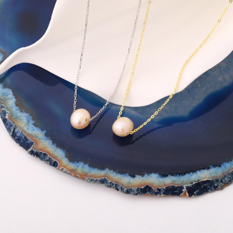Floating Pink Pearl Pendant Necklace, Genuine Pearl Jewelry, Handmade