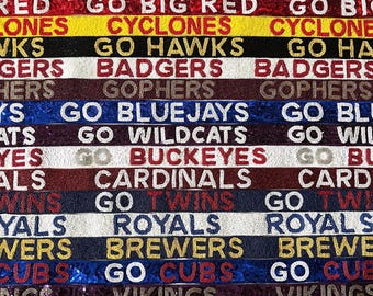 May include: A colorful beaded banner with the names of various sports teams and the phrase "Go" in front of each team name. The banner is made of beads in various colors, including red, white, blue, gold, and black.