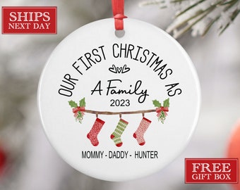 Our First Christmas as a Family Personalized Ornament - First Family Christmas - Holiday Keepsake - Family Name Stockings Ornament