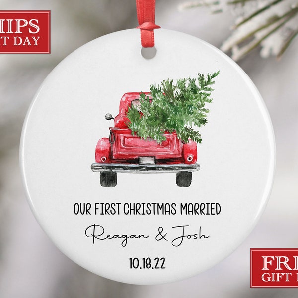 Our First Christmas Married Ornament - Personalized First Christmas as Mr and Mrs - Name Wedding Gift - Red Truck Married Gift Newlyweds