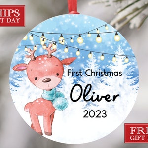 Baby&#39;s First Christmas Ornament - Personalized Deer Baby Boy Christmas Ornament - Custom Holiday Baby Ornament - Baby Shower Gift - Keepsake