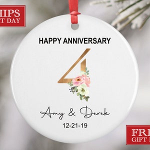 Personalized Anniversary Gift - 4th Anniversary Gift - Gold Floral Letter Anniversary Ornament - Personalized Mr and Mrs - Christmas Gift