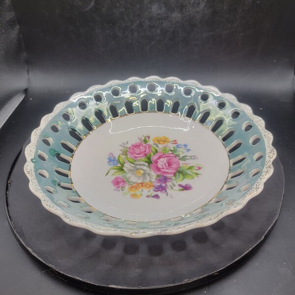 Ucagco Ceramics, Japan, Porcelain, Reticulated, Fruit Bowl, Opalescent Finish, No Pedestal