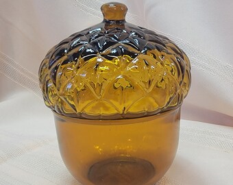 Vintage Hallmark Amber Glass Acorn Jar, Excellent Condition, 4" X 6"