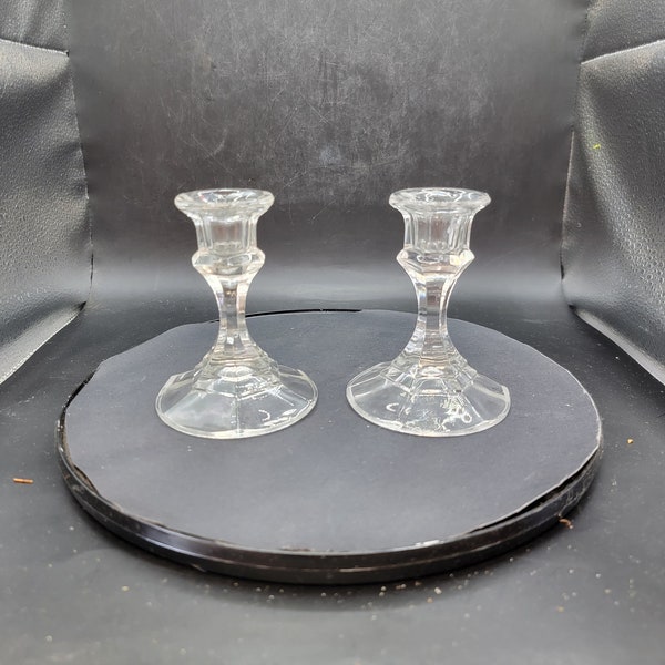 Pair of 24% Leaded Crystal, Glass Candlestick Holders, 4" Tall, 1940's, Excellent Condition