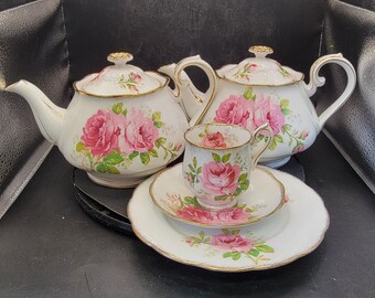 Royal Albert American Beauty Tea Set, 2 Tea Pots, 1 cup and saucer and 1 Charger Plate, 1940's, Rare Find!