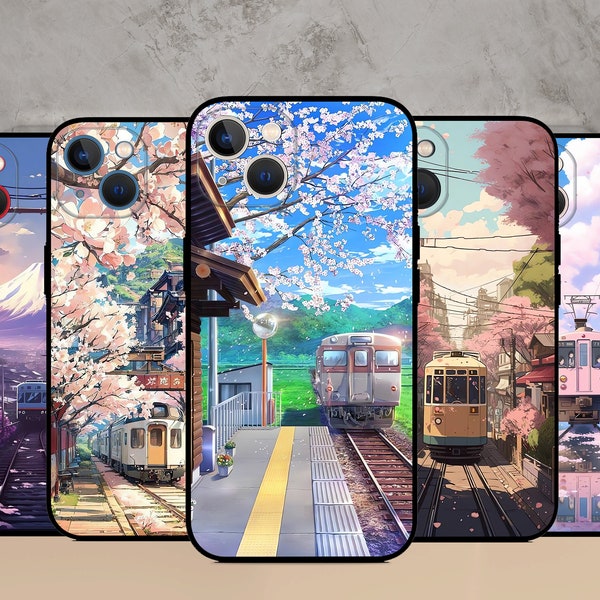 Japan Sakura Train Scenery Phone case fit for iPhone 15/14 MagSafe S24 Ultra S23 S23FE S22 A55 A35 A15 A14  Google Pixel 8Pro 8 7A