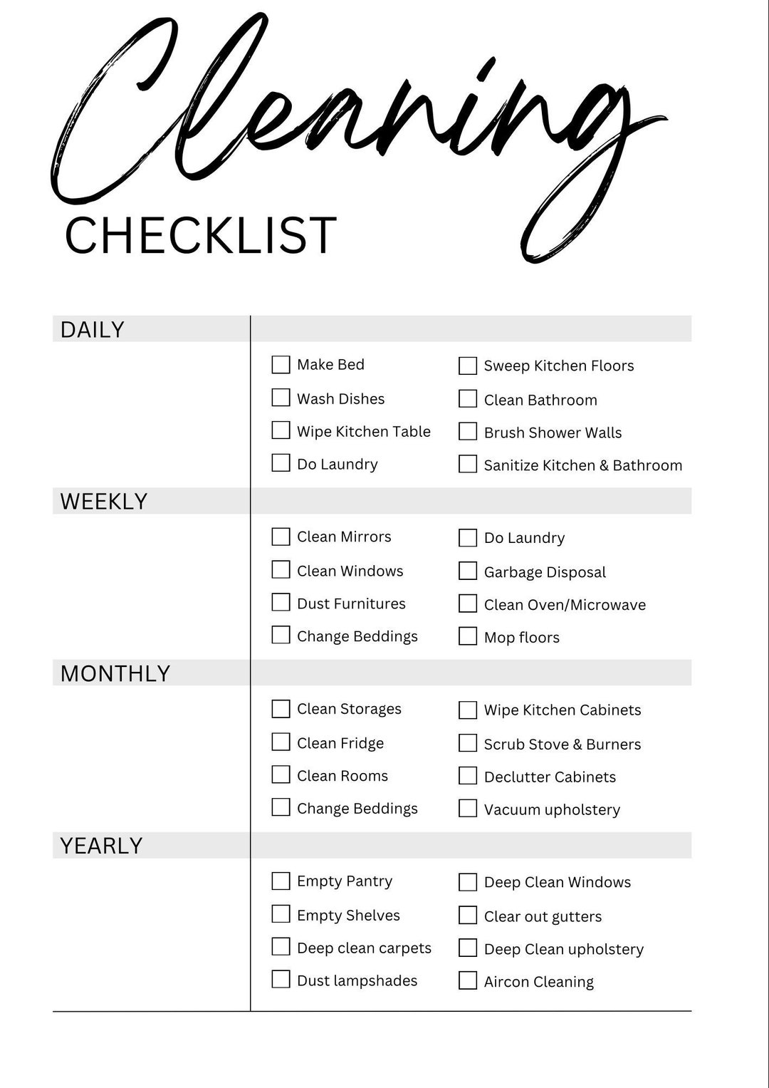 Cleaning Checklist Etsy