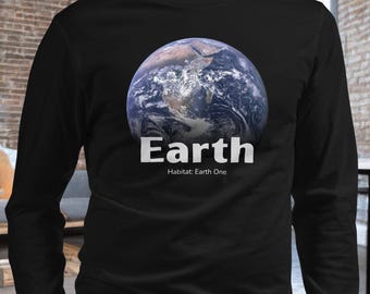 Planet Earth Long Sleeve T-Shirt: Vibrant Space Graphic Shirt