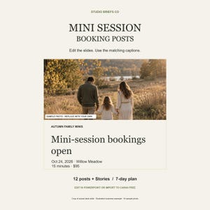 May include: A digital marketing template for mini session booking posts by Studio Briefs Co. The layout features a sample photo of a family in a field, with text fields for autumn family minis, booking dates, location, and session duration details.