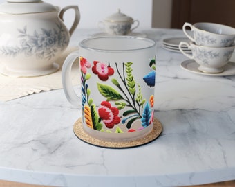 Tasse florale en verre dépoli