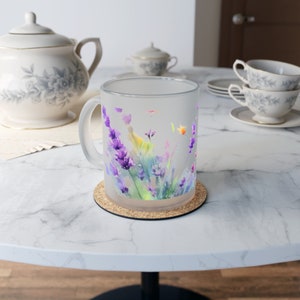 Watercolor Lavender Flowers Frosted Glass Mug Gift for Mom Mother's Day Beautiful Coffee Mug