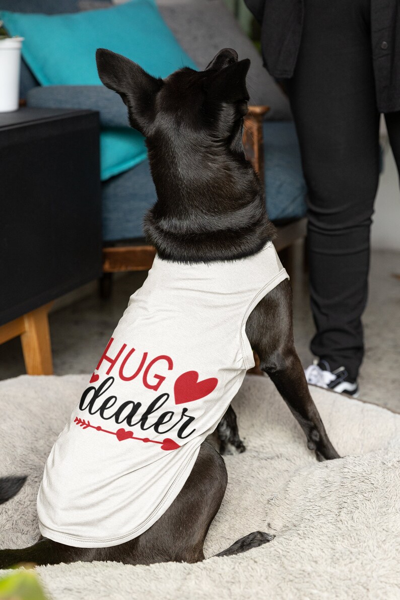May include: A black dog wearing a white tank top with the text "hug dealer" and a red heart. The dog is sitting on a white fluffy rug.