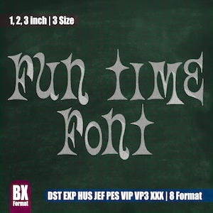 May include: A chalkboard with the text "run TIME Font" written in a white, stylized font. The text "1, 2, 3 inch | 3 Size" is written in the top left corner. The text "DST EXP HUS JEF PES VIP VP3 XXX | 8 Format" is written in the bottom right corner. A small square with the text "BX Format" is in the bottom left corner.