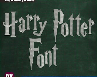 May include: A green chalkboard with the text "Harry Potter Font" written in a white, stylized font. The text is in three sizes: 1, 2, and 3 inches. The text is also available in 8 formats: DST, EXP, HUS, JEF, PES, VIP, VP3, and XXX.