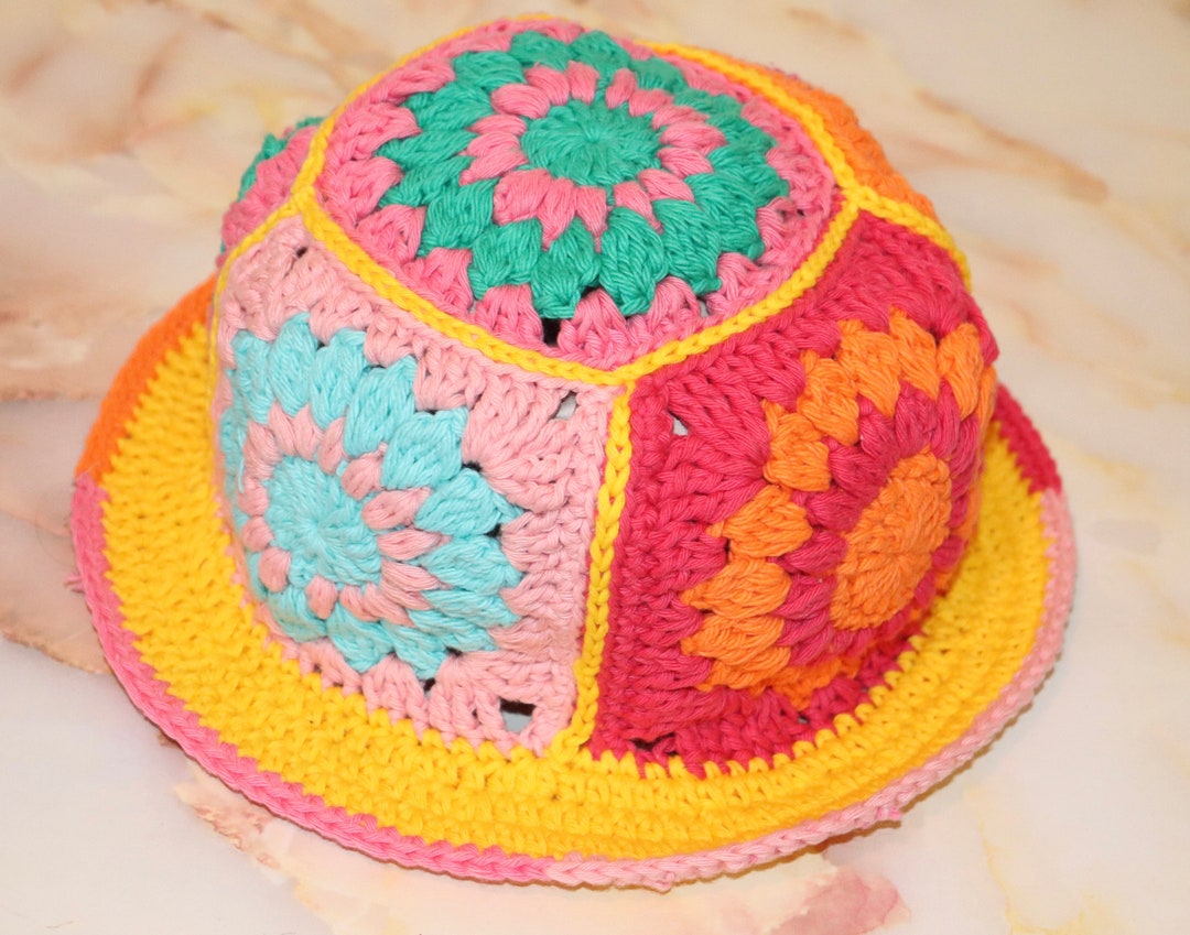Handmade Crochet Hat Granny Square Bucket Hat Bright Etsy