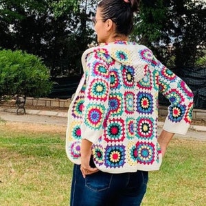 Hooded Crochet Granny Square Cardigan, Granny Square Coat, Granny Jacket Sweater, Hand Knit, Afghan Cardigan