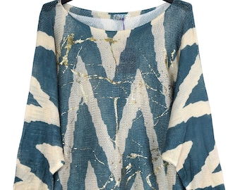 Ladies Italian Lagenlook Zig Zag Gold Foil Print Fine Knit Jumper Top.