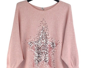 Stylish Sequin Star Jumper with Batwing Sleeves Ladies Italian Lagenlook Sequin Embellished Star Design Jumper