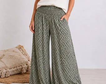 Ladies Leaf Print Wide Leg Trousers Palazzo Culottes