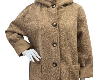 May include: A tan hooded coat with large buttons and two front pockets. The coat has a textured, fuzzy appearance and a relaxed fit. The sleeves have a contrasting cuff detail. The coat is displayed on a mannequin.