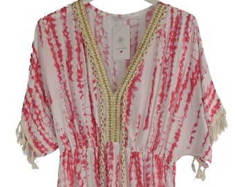 Tie Dye Short Kaftan Style Summer Dress Women's Italian Lagenlook Dress with Tassels