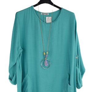 Asymmetric Tunic Top with Necklace and Italian Lagenlook Hi-Lo Squared Hemline with Pockets for Women.