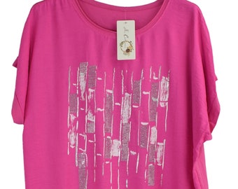 Diamante Sparkly Line Print Top Short Sleeve Summer Top for Women