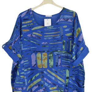 Quirky Colourful Line Print Cotton Top Casual Summer Top With Pockets ROYAL BLUE