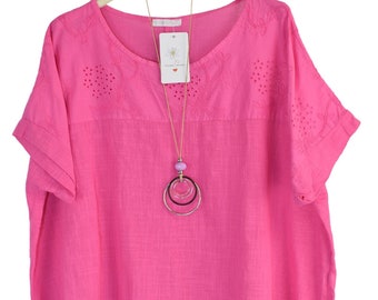 Lace Embroidery Detail Top with Necklace Summer Top Short Sleeves