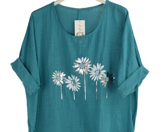 Foil Daisy Floral Cotton Top Women's Summer Tunic Tee Lightweight Holiday Top