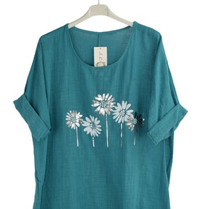 Puede incluir: Top de lino azul turquesa con estampado floral plateado. Las flores tienen un centro blanco y pétalos plateados.