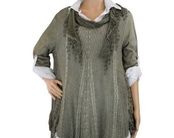 Ladies Italian Lagenlook 3-Piece Cotton Shirt, Tunic & Scarf