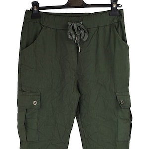 Ladies Italian Stretchy Button Detail Cargo Magic Trousers Pants.