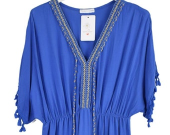 Plain V-Neck Kaftan Maxi Dress Short Sleeves and Tassels Italian Lagenlook Dress