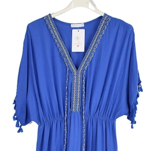Plain V-Neck Kaftan Summer Maxi Dress Short Sleeves and Tassels Italian Lagenlook Dress.