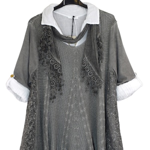 Conjunto de túnica Lagenlook italiana para mujer, de 3 piezas, de algodón, camisa, túnica y bufanda.