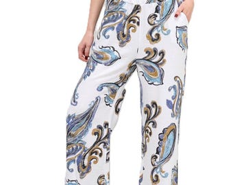 Italian Lagenlook Paisley Print Trousers Wide Leg Casual Summer Trousers Elasticated Waist..