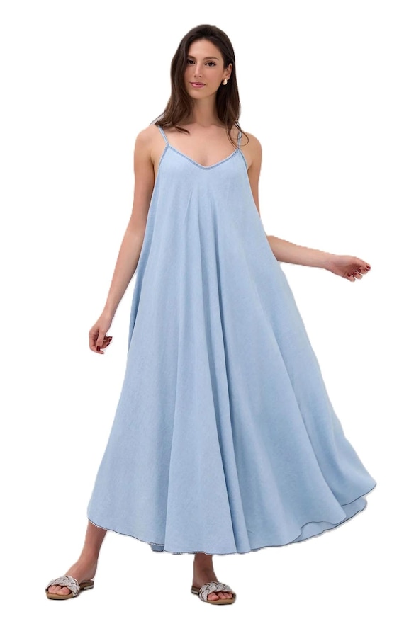 Ladies Italian Lagenlook Denim Flared Maxi Summer Dress Sleeveless Holiday Dress