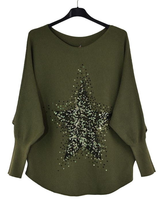 Jela London Damen Oversize Kuschel-Pullover Glitzer Sterne-Motiv Muster