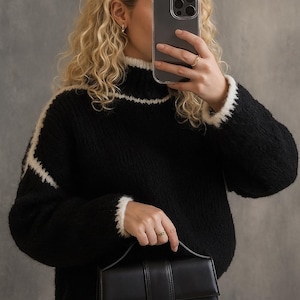 Ladies Italian Lagenlook Soft Cosy Wool Blend High Neck Blanket Stitch Oversized Jumper.