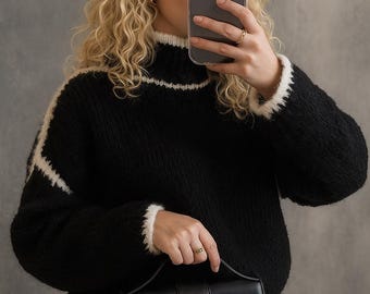 Ladies Italian Lagenlook Soft Cosy Wool Blend High Neck Blanket Stitch Oversized Jumper.