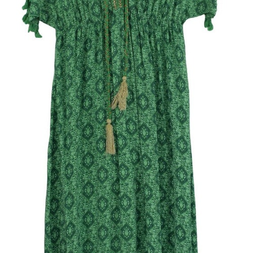 Feiner Print Kaftan Stil Sommer V-Ausschnitt Maxi Damen Italienischer Lagenlook Maxi Kleid Quasten.