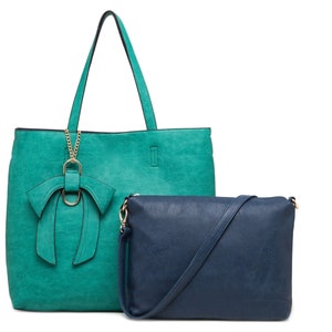 Long & Son Vegan Leder Kontrastfarben Schultertasche Set mit Schleife Kette.