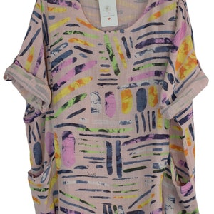 Quirky Colourful Line Print Cotton Top Casual Summer Top With Pockets LIGHT PINK